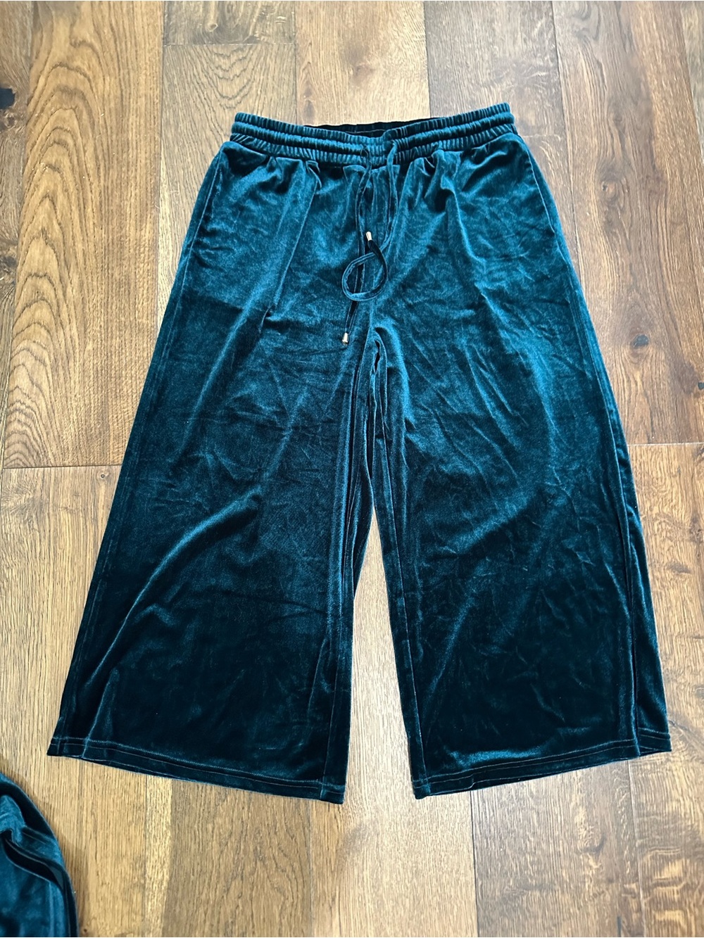 Ssys Velvet Drawstring Wide Crop pants & Ruffle Shoulder Top - Teal Green - Picture 3 of 4
